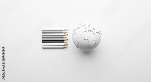 Happy world teachers day concept with a minimalist white globe and a gradient of pencils, symbolizing global education and knowledge
