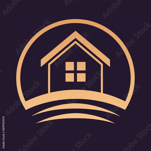 Golden house icon with abstract waves on dark purple background home building