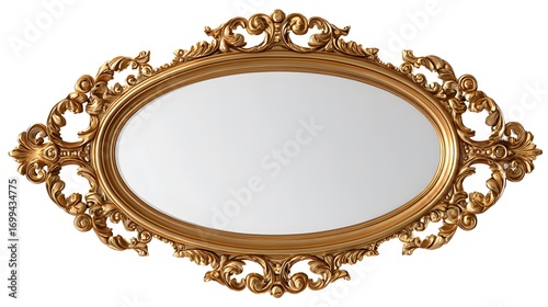 Ornate golden mirror with an oval shape and decorative embellishments.