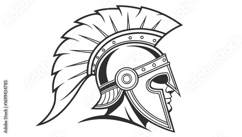 Illustration of a spartan helmet with a plume and detailed line work in black and white design style