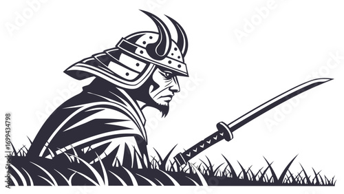 Illustration of a samurai warrior with horned helmet and katana sword in a field of grass artfully drawn