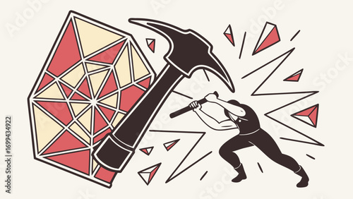 A miner striking a large gem with a pickaxe creating shards and lines of impact in a stylized image