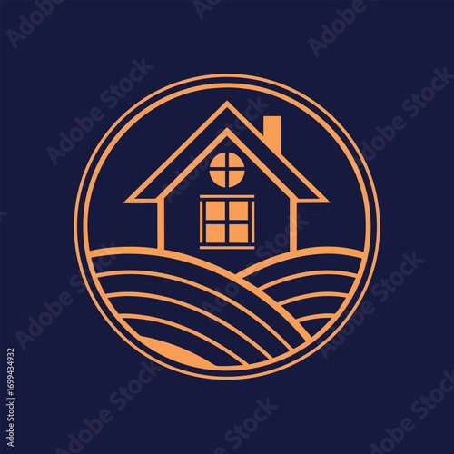 Orange house icon on wavy landscape inside circle on dark blue background home building