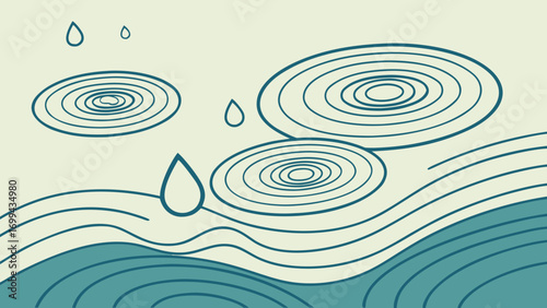 Illustration of raindrops falling into water creating ripples and waves on a light background scene