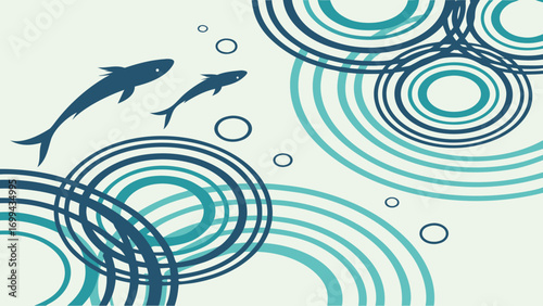 Two fish swimming among concentric circles in shades of blue and teal on a light background design art