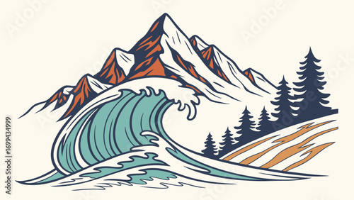 Illustration of a large wave crashing in front of mountains and evergreen trees landscape design