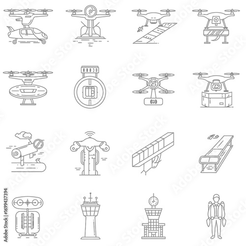 Collection of outline icons showcasing various drone designs, air traffic control, and related transportation elements against a clean white backdrop, ideal for tech illustrations.