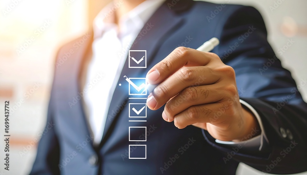 Naklejka premium A suited person, hand extended, selects check boxes with a pen, symbolizing tasks, choices, and decisions