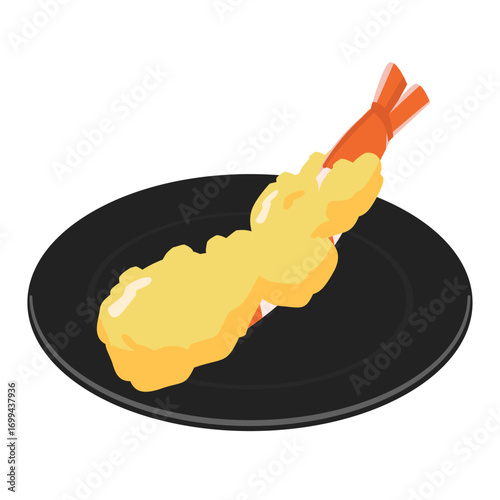 Shrimp tempura on black plate - flat vector illustration, Japanese food icon