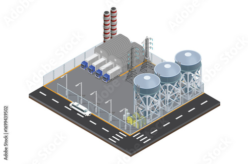 Isometric oil field icon, oil extraction and processing process to sales with tanker vehicle, modern isometric vector