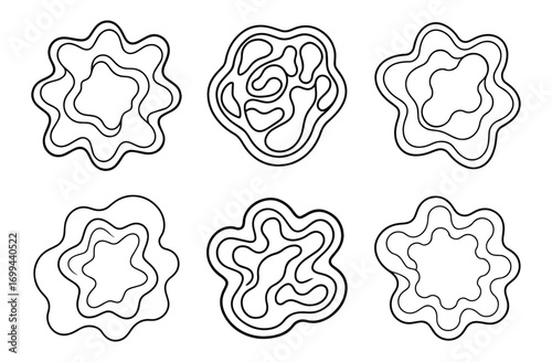 abstract organic blob icon set line art, black outline, coloring book page vector illustration