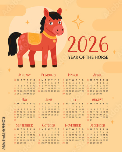 Calendar 2026. 12 months, starting from Sunday. Cute red horse on light yellow background. New Year of the Horse, Lunar New Year or Chinese New Year.
