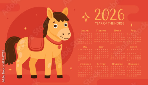 Calendar 2026. 12 months, starting from Sunday. Cute yellow horse on red background. New Year of the Horse, Lunar New Year or Chinese New Year.