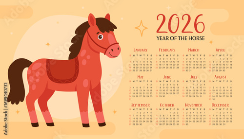 Calendar 2026. 12 months, starting from Sunday. Cute red horse on light yellow background. New Year of the Horse, Lunar New Year or Chinese New Year.