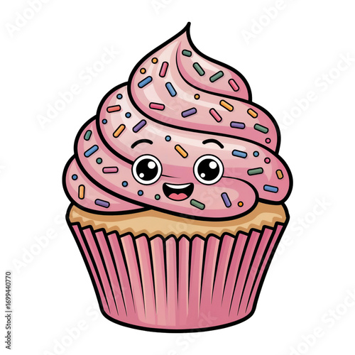 Pink vector illustration of a sweet dessert cupcake with a cherry on top