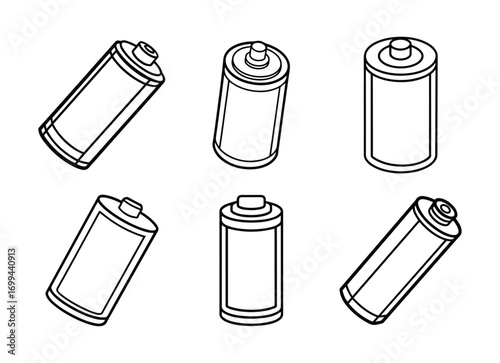 Set of battery line art, black outline, coloring book page vector illustration