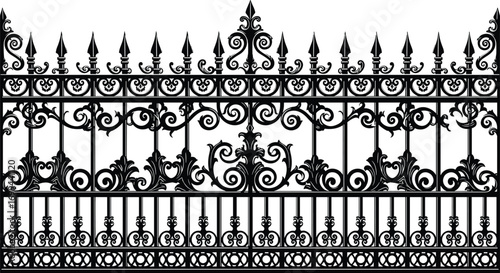 Ornamental wrought iron fence design, vintage black metal gate, decorative garden railing, classic Victorian style ironwork for architecture elements