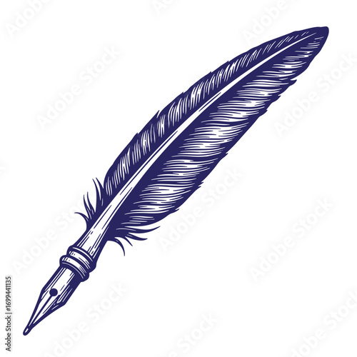 Engraved illustration of a detailed blue quill pen on a clean white background.