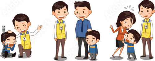 Safety officer helping a lost child – comforting, handing over to police, and reuniting with guardian, vector illustration set