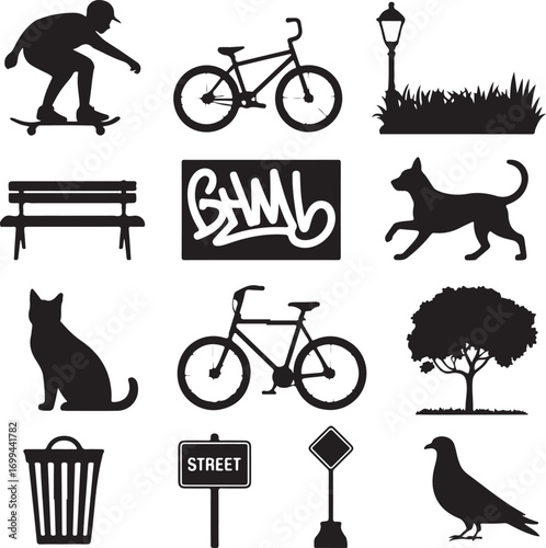 Urban park and street scene silhouette icons Keywords: skateboarder, bicycle, street lamp, park