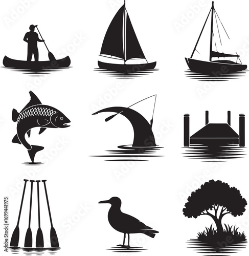 Fishing and boating activity icons with water elements Keywords: canoe, sailboat, fishing boat