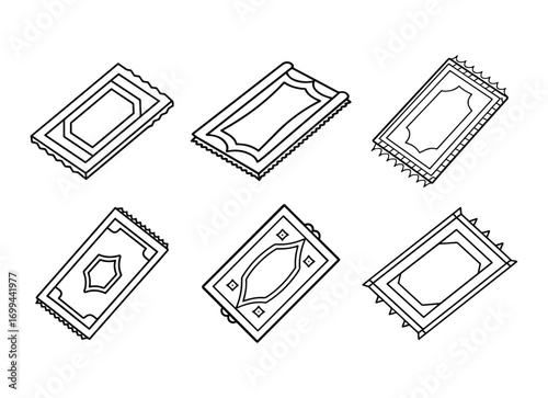 Set of Islamic prayer mat line art, black outline, coloring book page vector illustration