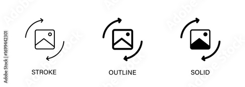 Image changer icons for ui design, photo editing, image rotation. Stroke, outline and solid vector icons. Eps10 file.
