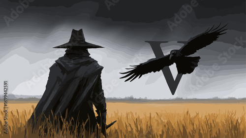 Silhouette figure in field with raven