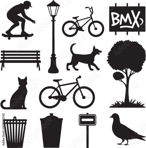 Silhouette Icons Of Urban Park Elements And Animals skateboarder skateboard