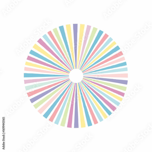 A vibrant circular pattern featuring numerous pastel-colored radial stripes emanating from a central white void, creating a sunburst or color wheel effect.