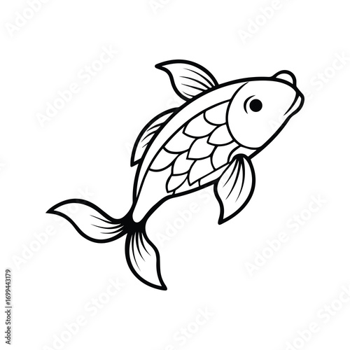koi fish line art, black outline, coloring book page vector illustration