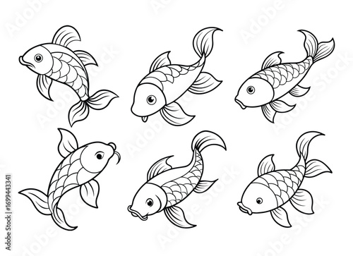 Set of koi fish line art, black outline, coloring book page vector illustration