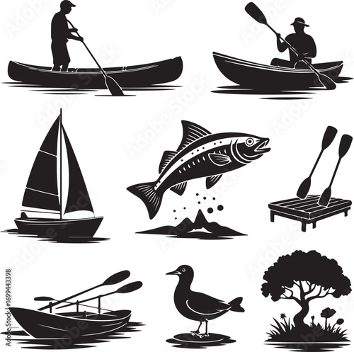 Silhouette Collection of Water Activities and Nature Elements canoe kayaking