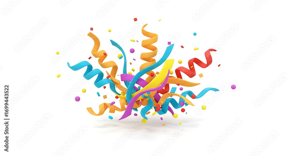 Obraz premium A isometric confetti art piece with ribbons and paper strips in vibrant colors, centered on a clean white background 
