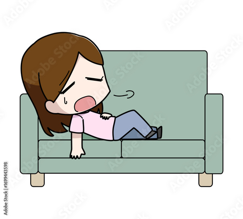 疲れてソファに横になる女性のイラスト
