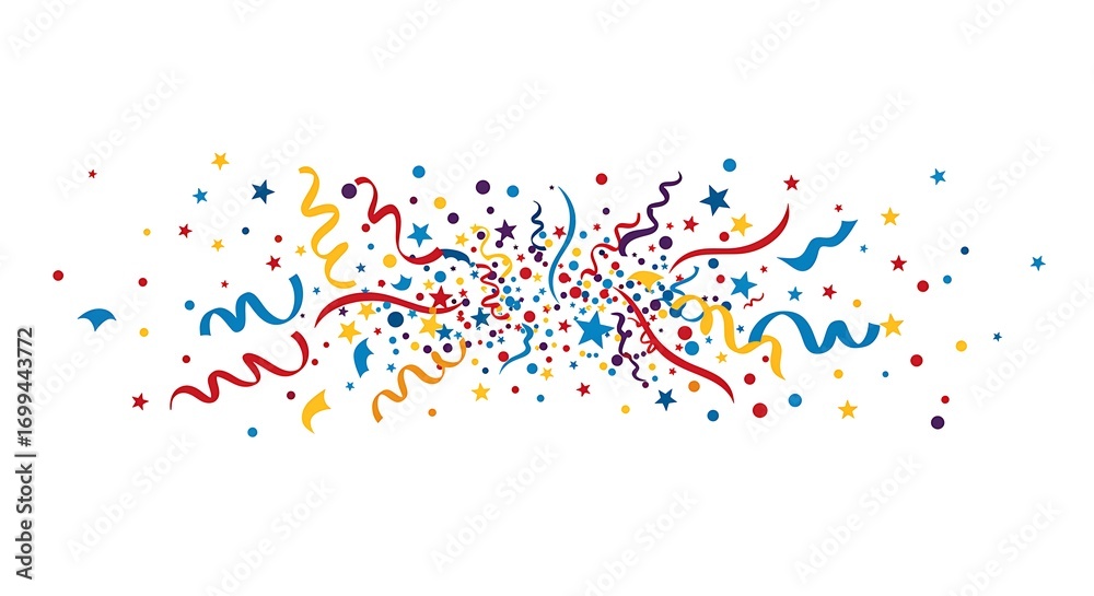 Fototapeta premium A isometric confetti art piece with ribbons and paper strips in vibrant colors, centered on a clean white background 