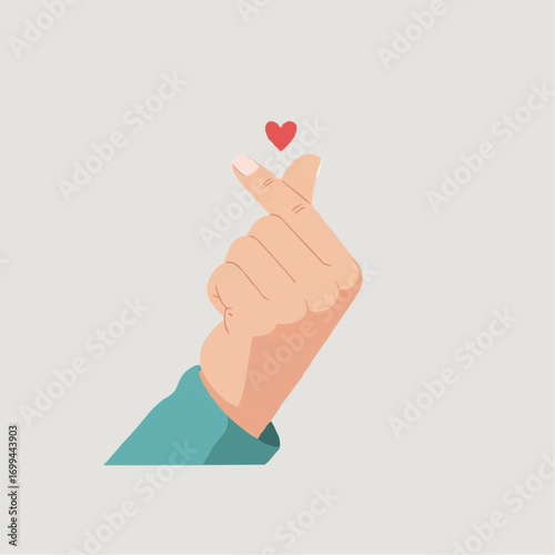 A hand making a finger heart gesture with a small red heart above it, symbolizing love and affection.