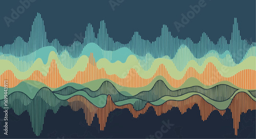 Abstract layered landscape with textured lines and organic shapes in muted colors.
