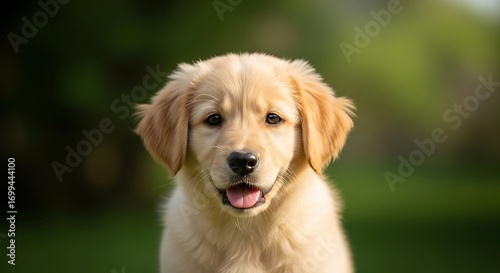 An adorable golden retriever puppy with a happy expression looking directly at the camera in a lush green outdoor setting.