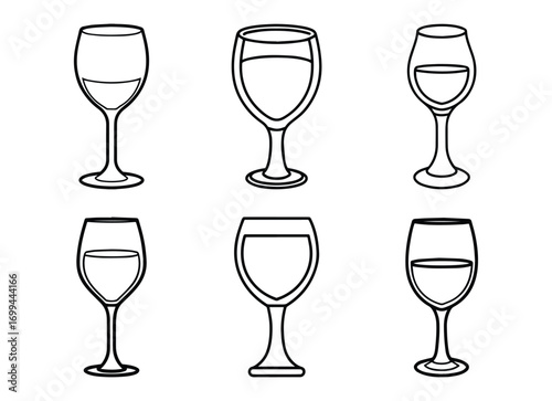Set of wine glass line art, black outline, coloring book page vector illustration