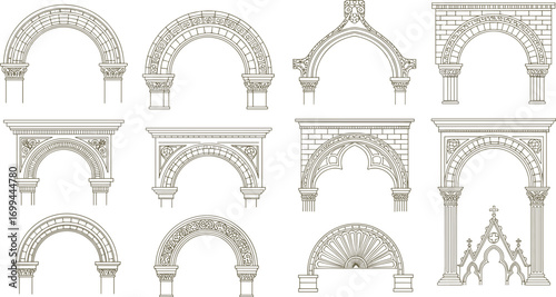 Set of 12 vintage architectural arches, medieval stone gateways, ornamental Romanesque and Gothic arch designs, historic building elements, detailed line art illustrations