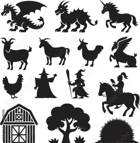 Fantasy Creatures and Rural Elements Silhouettes on White Background dragon mythical creature