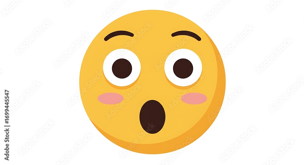 Fototapeta premium A flat design vector of a surprised face emoji with wide eyes and open mouth, centered on a plain white background 