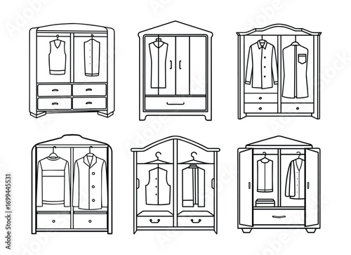 Set of wardrobe line art, black outline, coloring book page vector illustration