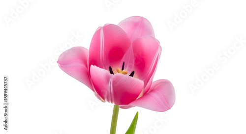 Isolated Pink Tulip Blossom Close-Up on White Background, Ideal for Spring Greetings, Floral Designs, and Botanical Illustrations for Commercial and Personal Projects