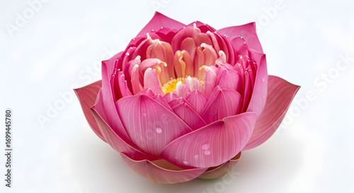 Captivating pink lotus flower close up on white background, symbolizing purity, enlightenment, and spiritual awakening, suitable for wellness and meditation themes.