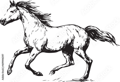 Illustration of a horse galloping, side view
