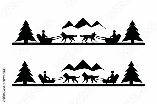People riding dog sled in snowy arctic landscape, silhouette vector illustration