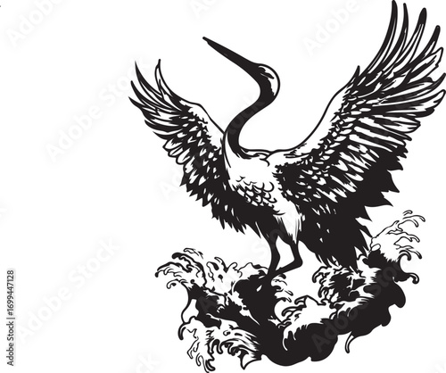 Vector art of elegant red crowned crane spreading its wings, standing on ocean waves
