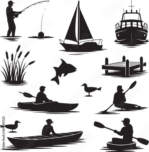 Water Sports And Fishing Silhouettes With Kayaks Boats And Fisherman Keywords: fishing, fisherman